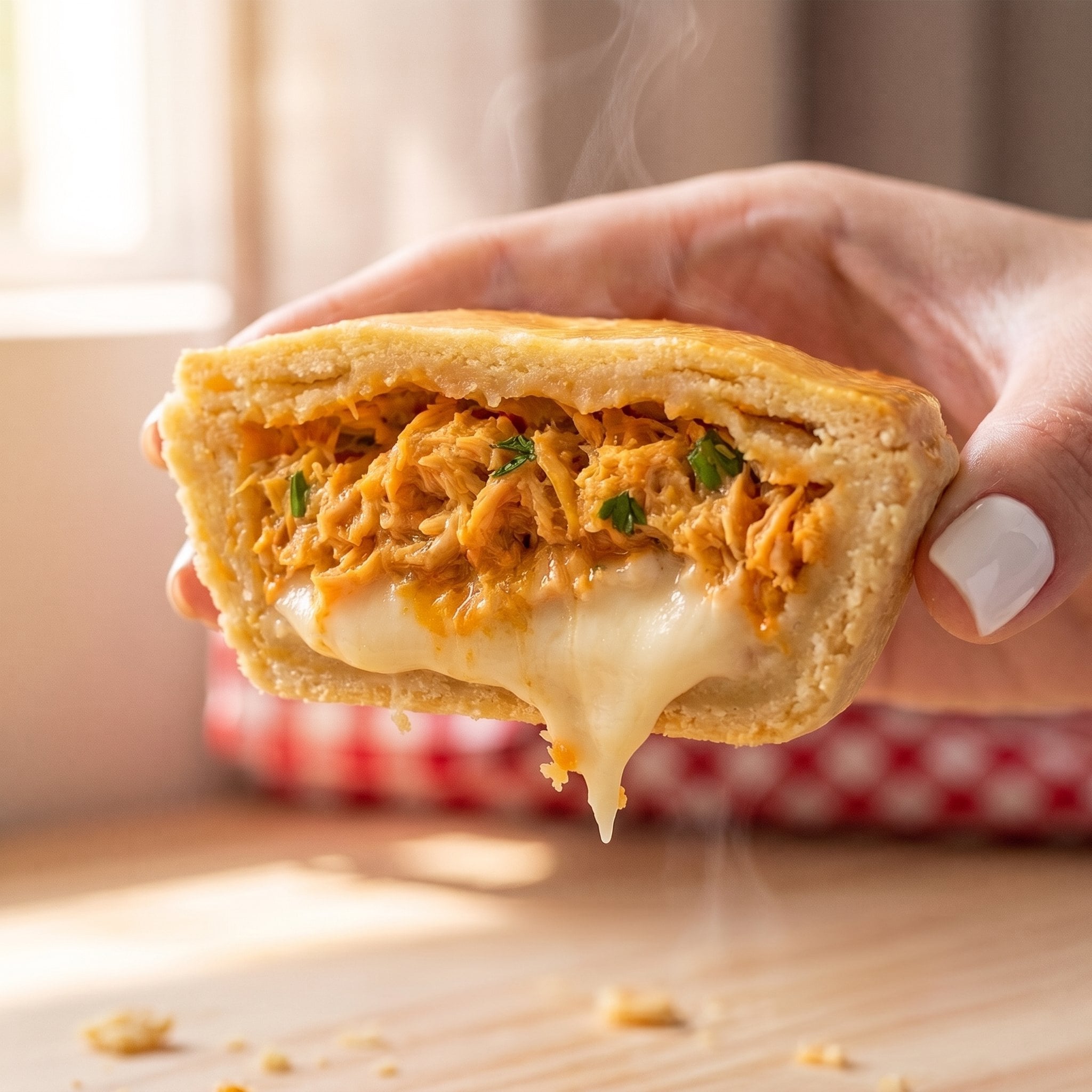 Mão segurando meia empadinha de frango com catupiry, com o recheio à mostra